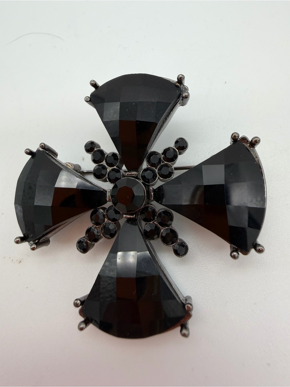 Albert Weiss Black Faceted Maltese Glass Cross Brooch